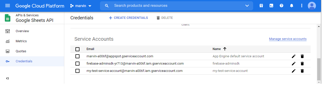 Credentials with new Service Account created