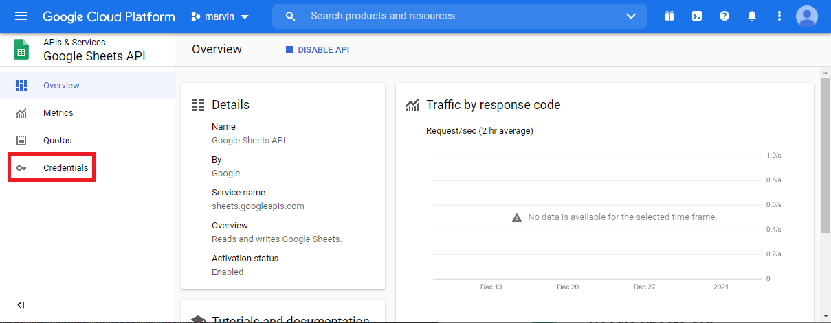 Tela principal do Google Sheet API Management