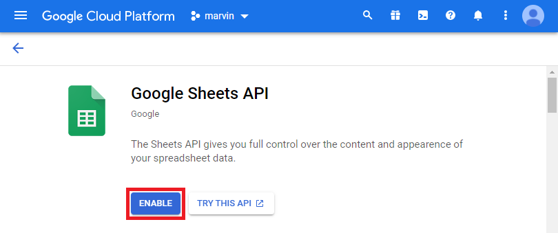 Tela de gerenciamento da API do Planilhas Google quando a API está inativa